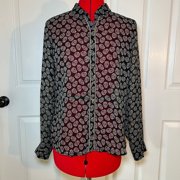 Zara Trafaluc Long Sleeve Sheer Collared Button Up Shirt - Skulls - Picture 1 of 7